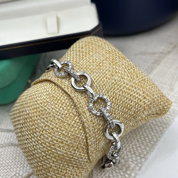 Vintage 925 Sterling Silver CZ Circle Link Bracelet, 7.5" - Picture 9 of 16